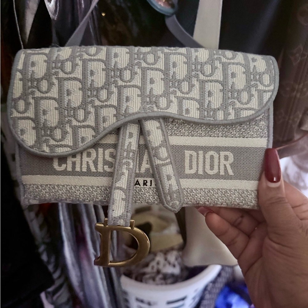 Dior Gray Clutch with Monogram and Gold Accents